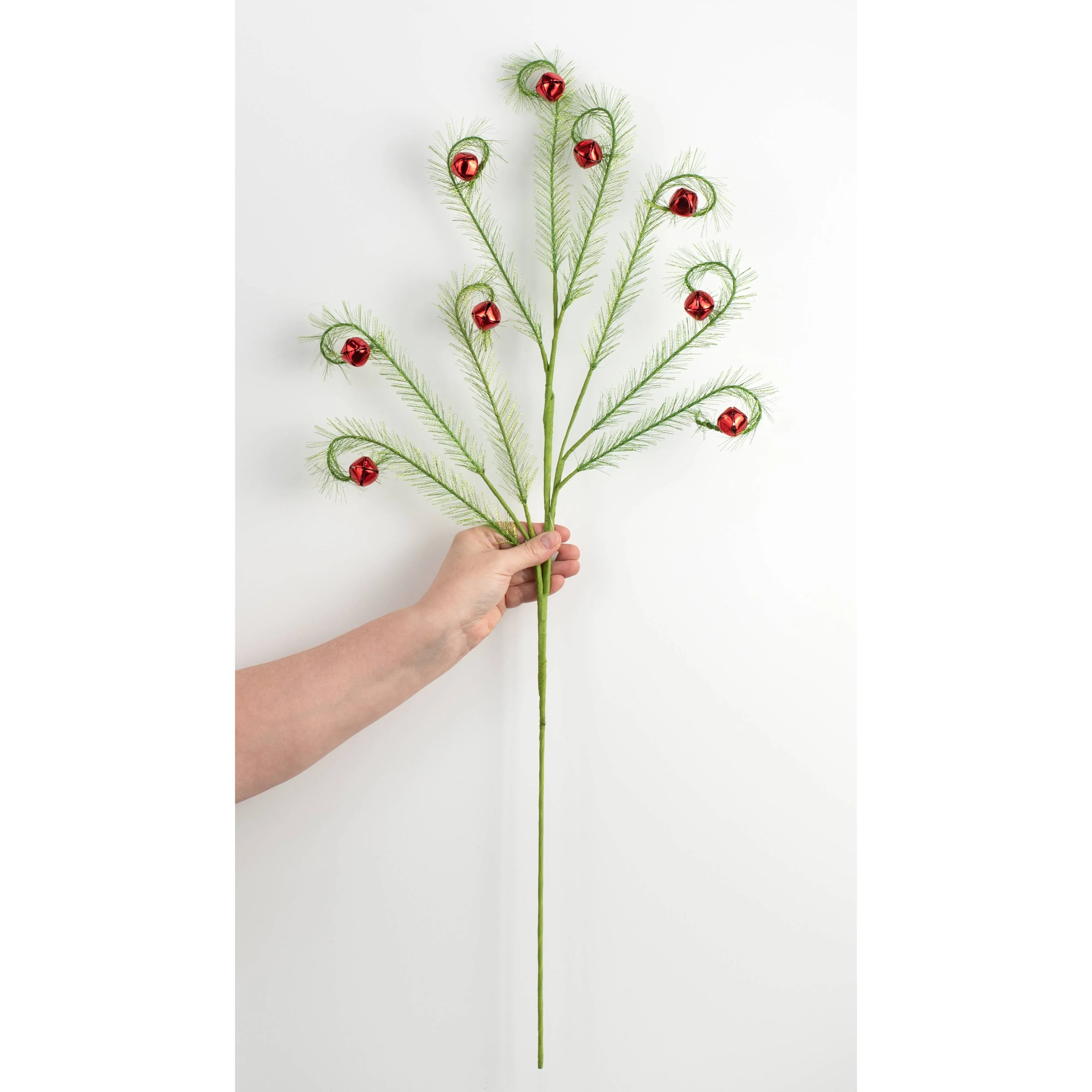 34" Fuzzy Swirly Bells Spray: Green & Red