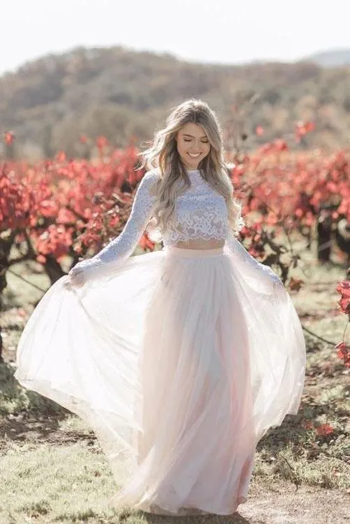 Two Pieces Long Sleeves Lace Appliques Blush Pink Wedding Dresses, Beach Wedding Dress SWK15538