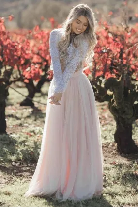Two Pieces Long Sleeves Lace Appliques Blush Pink Wedding Dresses, Beach Wedding Dress SWK15538